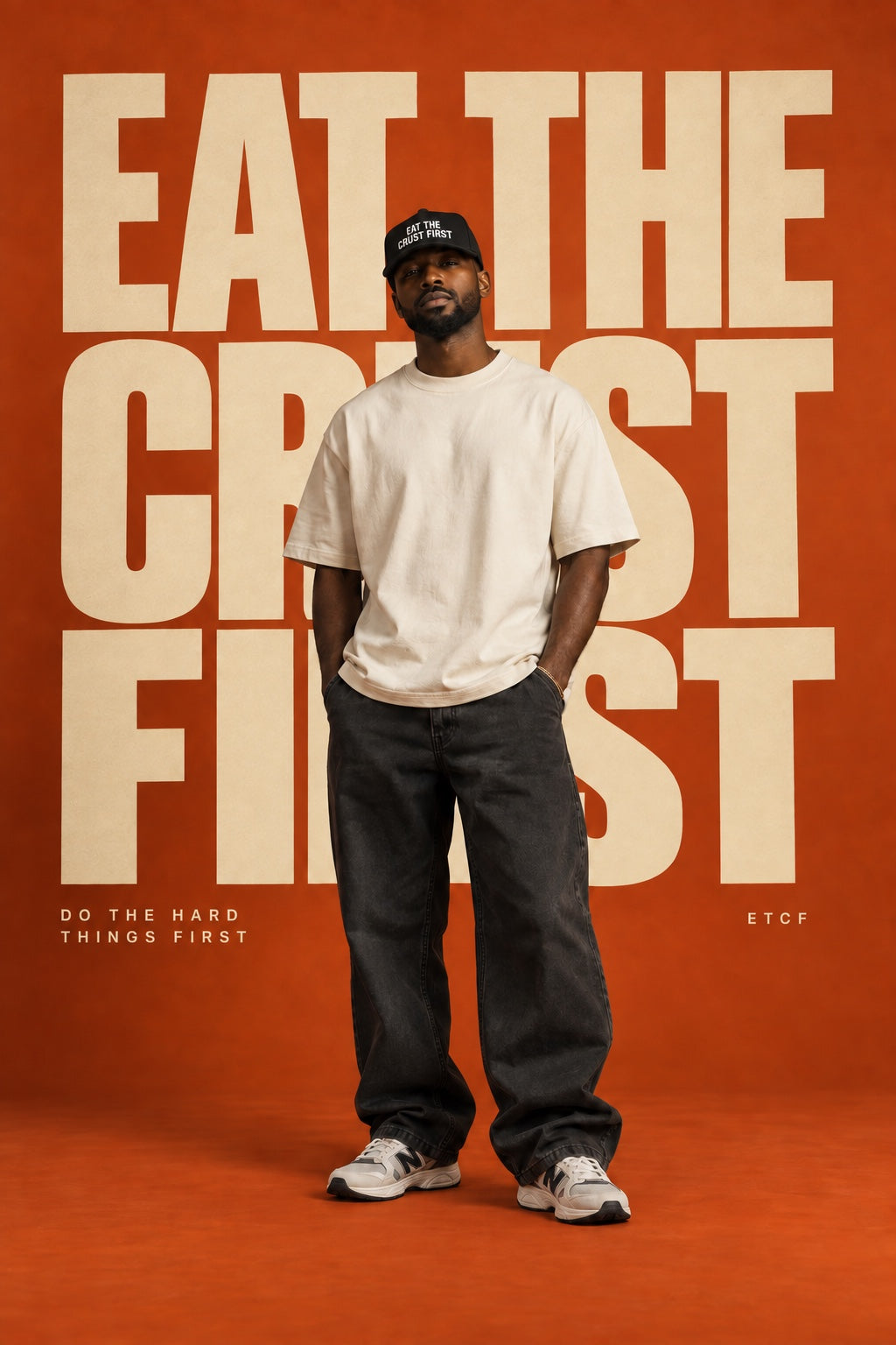 Eat The Crust First campaign featuring a black embroidered hat against a burnt orange backdrop